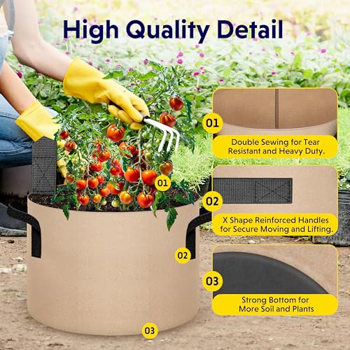 iPower 10-Pack 20 Gallon Thickened Grow Bags Nonwoven Fabric Pots Aeration Container with Strap Handles for Garden and Planting, Tan - color: 10-pack Tan, size: 20 Gallon Thickened