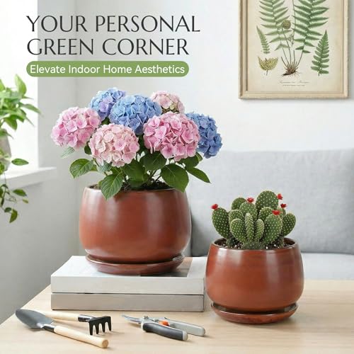10.3 Inch Flower pots for Indoor Outdoor Plants with Saucer Drainage Leak-Proof Mesh, Ceramic Planter with Gardening Gloves for Succulent and Flower (Iron-red) - color: Iron-red, size: 10.3 Inch