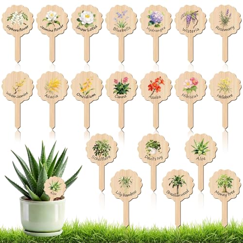 Konsait 20 Pack Wooden Flower Plant Labels for Outdoor Garden Waterproof Reusable Plant Name Tags for Indoor Outdoor Gardens Seedling Labels,20 Style