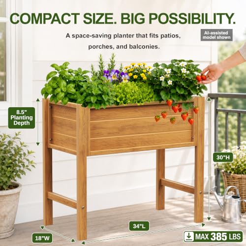 YEFU 34" Small Garden Planter, Wood-Look HIPS Compact Planter Box, Teak - color: Teak, size: 34"×18"×30"