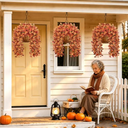 6 Pcs Artificial Hanging Mums for Outdoors, UV Resistant Fake Fall Flowers - color: Red Orange With Fall Leaves