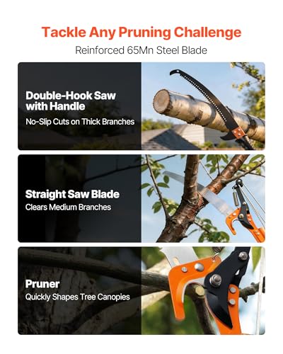 VEVOR Manual Pole Saw, 7.3-27 ft Extendable Tree Pruner, Sharp Steel Blade and Scissors High Branches Trimming, Branch Trimmer with Lightweight 8 Fiberglass Handles, for Pruning Palms and Shrubs