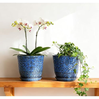 Gepege Ceramic Plant Pots, 6 Inch Indoor Planters with Drainage & Saucers - color: Blue-a, size: 6 Inch - Set of 2