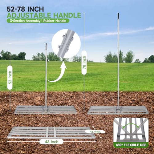 Lawn Leveling Rake – Heavy-Duty Galvanized Steel Yard Leveling Rake with Adjustable 48x12 Inch Rack Head & Extendable 52-78 Inch Handle, Rust-Resistant, All-Welded, Gloves Included
