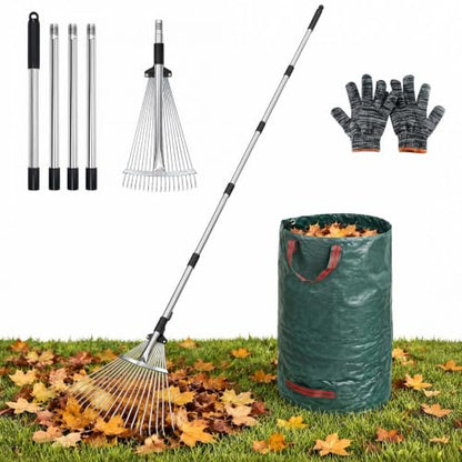 Rake for Leaves 18 Teeth, 8-17" Adjustable Width Metal Rake - size: 8"-17" Wide, 34"-83" Long