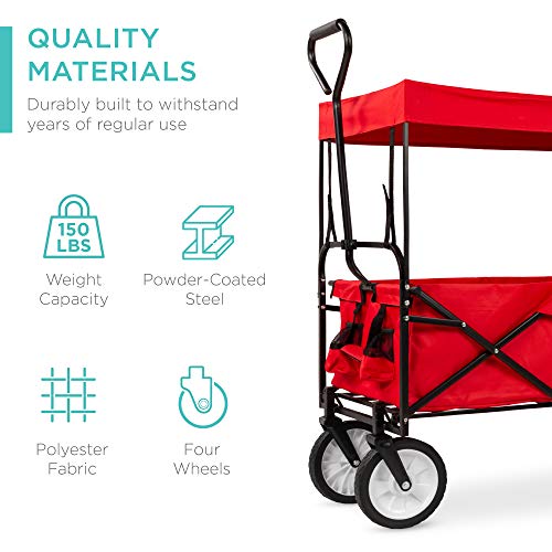 Best Choice Products Collapsible Folding Outdoor Utility Wagon with Canopy Garden Cart for Beach, Picnic, Camping, Tailgates w/Removable Canopy, Detachable Pockets, 150lb Weight Capacity - Red - color: Red