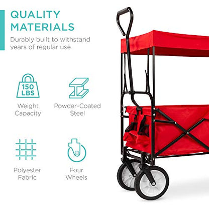 Best Choice Products Collapsible Folding Outdoor Utility Wagon with Canopy Garden Cart for Beach, Picnic, Camping, Tailgates w/Removable Canopy, Detachable Pockets, 150lb Weight Capacity - Red - color: Red