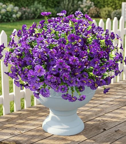 Artificial Flowers Fake Plants for Outdoors Fall Decor, 12 Bundles Purple Silk Morning Glory with Eucalyptus Realistic UV Resistant Faux Flowers Greenery for Outside Planter Yard Garden Home Indoor - color: Purple