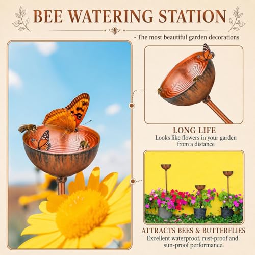 Teenyyou 9 Pcs Bee Watering Station for Garden Metal Watering Cup, Copper - color: Copper