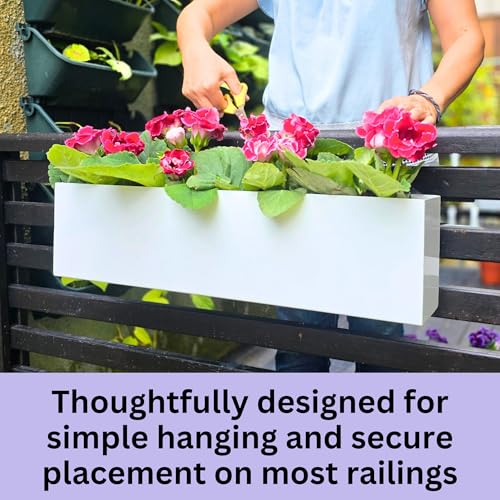LaLaGreen Planter Boxes Outdoor (30 Inch, 2 Pack) White Metal Rectangular Railing Flower Box with Brackets, Large Planters for Deck Railings Fence Balcony Patio Porch Rail Garden Decor Plant Holder - size: 30" x 2 Pack