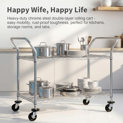 Finnhomy 2 Tier Commercial Grade Rolling Cart, Heavy Duty Utility Cart, Carts with Wheels and Handles, Kitchen Carts on Wheels, Metal Cart with 600 lbs Capacity, Shelf Size 23.6"Dx47.2"W x 39.4"H, NSF - size: 24"D x 48"W x 39.3"H