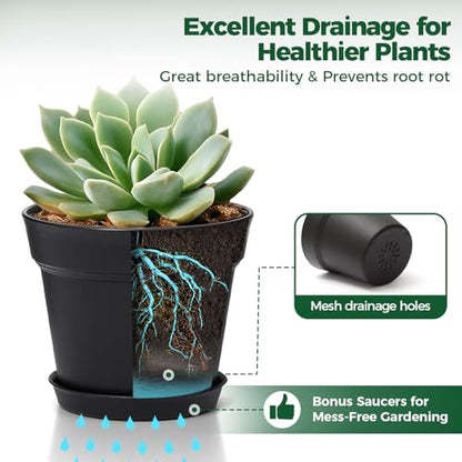 T4U Small Plant Pots 4 Inch 18 Pack, Plastic Flower Pots with Saucer Black - color: Black, size: 4 In