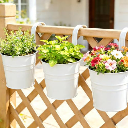KINGLAKE Flower Pots,10 Pcs Metal Iron Hanging Flower Plant Pot Balcony Garden Plant Planter Baskets Fence Bucket Pots 6.3'' Flower Holders with Detachable Hook White - color: White, size: 6.3 Inch