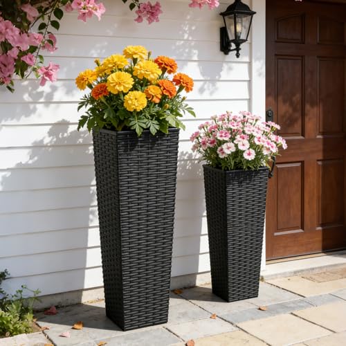 Festnight 32in Large Planters for Outdoor Plants, Outside Tall Black Planters Set of 2, Resin Front Porch Planters, Outdoor Planters for Porch Backyard Patio, Garden Flower Pots, 11.69x11.69x32.28in - size: 11.69x11.69x32.28in