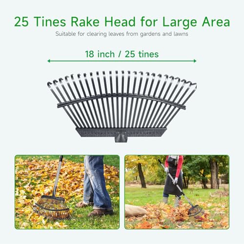 Rake for Leaves Heavy Duty 72 Inch Long Expandable Leaf Rake, 18 Inch Wide Garden Rakes with 25 Reinforced Tines and Stainless Steel Handle for Lawn, Yard, Leaf Cleanup - size: 25Tine