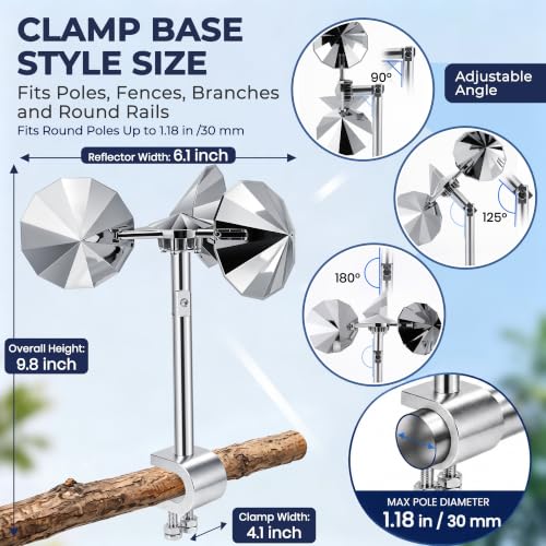 2 Pack Reflective Spinning Bird Deterrents with Adjustable Clamp-On Bases