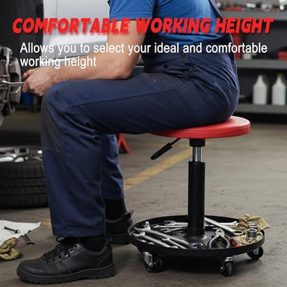 Rolling Mechanic Stool with Wheels Pneumatic Garage Shop Seat,Red - color: Red