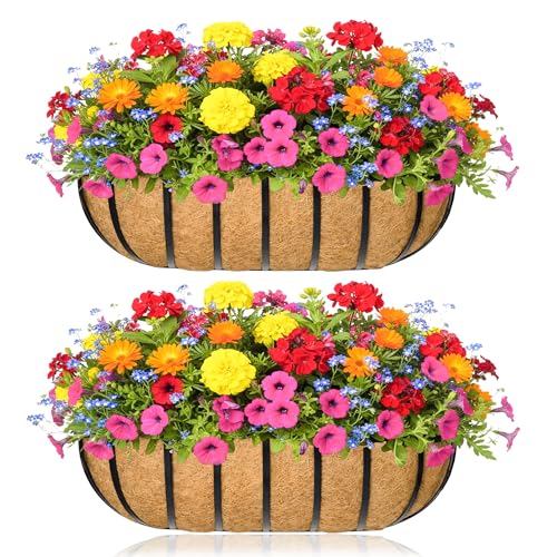 Window Box Railing Planter with Coco Liner 2 Pack 16 Inch Metal Hanging Flower Planter Deck Railing Planters Boxes for Balcony Outdoor Plants Fence Porch Patio - size: 16IN