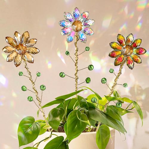 3Pcs Crystal Sunflower Suncatchers Glass Plant Suncatcher with Metal Stake - color: Ab, Red, Amber