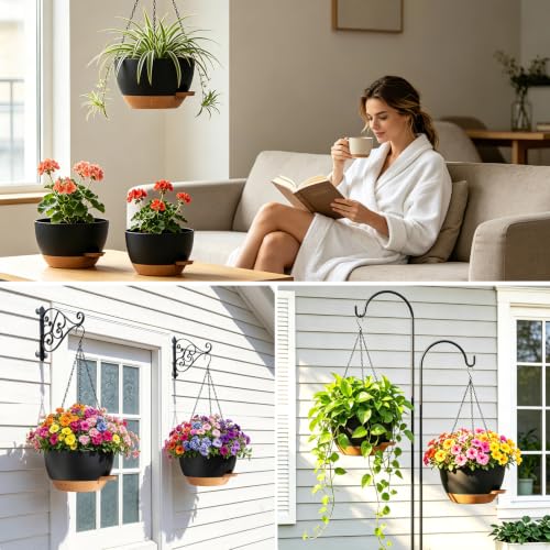 8 Inch Self Watering Hanging Planters Set of 3 with Saucers - color: Black Brown, size: 8 Inch 3 Pack