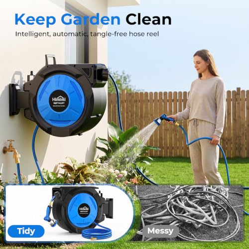 Retractable Garden Hose Reel, 1/2 Inch x 100 ft + 6.6 ft Heavy Duty Wall Mounted Hose Reel with 10 Patterns Nozzle, Any Length Lock, Upgraded Slow Return System, 180°Swivel Bracket and UV Resistant - size: 100 Ft