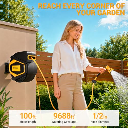 Retractable Garden Hose Reel:100 ft x 1/2 inch, Garden Hose Reel with 9-Pattern Nozzle, 180°Swivel Bracket Wall-Mounted, Automatic Rewind, Lock at Any Length, with Slow Return System
