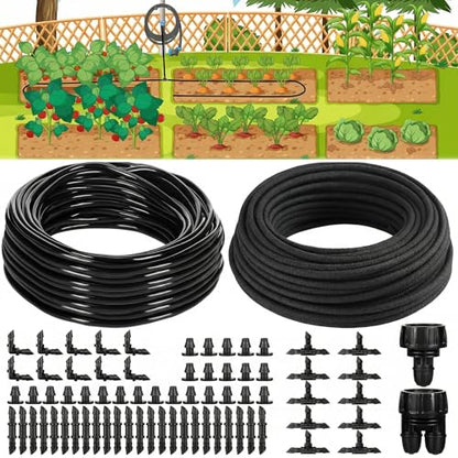 Drip Irrigation System Kit Garden Watering System 200ft 1/4 Inch Soaker Hose 100ft 1/4 Inch Drip Irrigation Tubing with Distribution Tubing and Accessories for Garden Greenhouse Patio Lawn