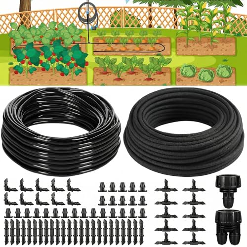 Drip Irrigation System Kit Garden Watering System 200ft 1/4 Inch Soaker Hose 100ft 1/4 Inch Drip Irrigation Tubing with Distribution Tubing and Accessories for Garden Greenhouse Patio Lawn