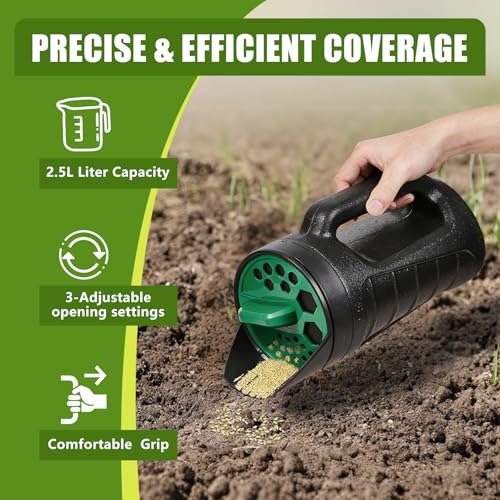 Adjustable Handheld Seed Shaker – Hand Spreader - 90oz Capacity Multi-Purpose Spreader for Fertilizer, Grass Seed, Ice Melt & Lawn Care - Green - color: Green
