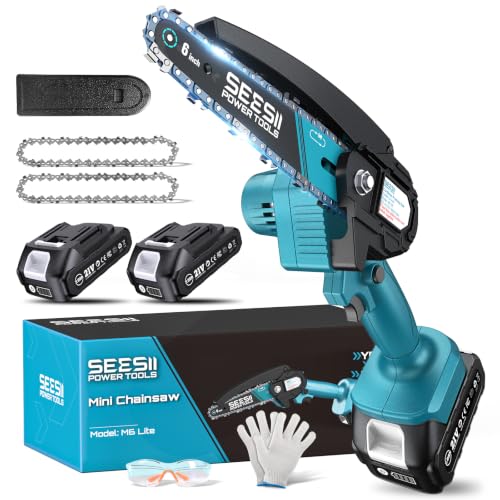 Seesii Mini Chainsaw, 6-inch Mini Chainsaw Cordless, Handheld Electric Power Chain Saw with 2 Batteries, for Tree Trimming Wood Cutting, Best Gifts for Father, Dad, Husband, Men - color: Blue