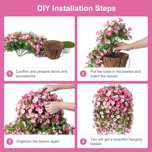 Artificial Flowers with Hanging Basket, Outdoor Faux Plants UV Resistant - color: Pink