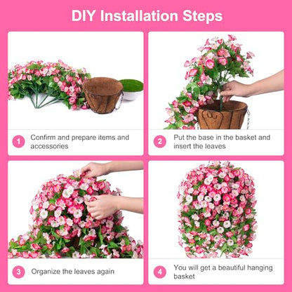 Artificial Flowers with Hanging Basket, Outdoor Faux Plants UV Resistant - color: Pink