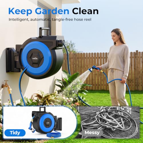 Retractable Garden Hose Reel, 5/8" x 90FT Automatic Retractable Water Hose Reel Wall Mount, with 10- Function Sprayer Nozzle, Any Length Lock/Auto Rewind/180°Swivel - size: 90 Ft