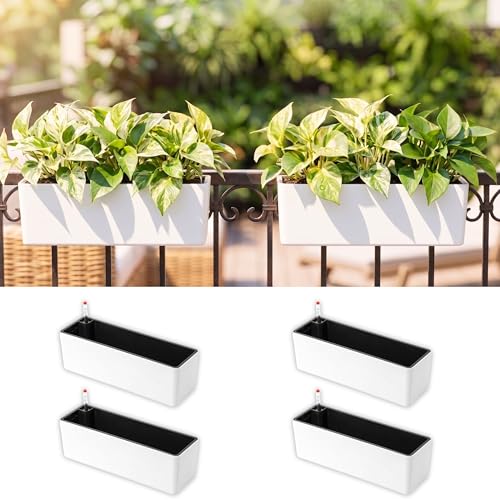 LaLaGreen Railing Planters for Outdoor Plants (16in, 4 Pack) Rail Planter - color: White X 4