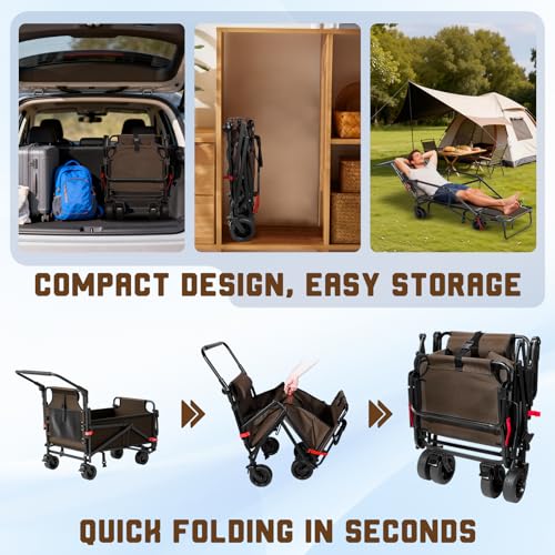 LEVELEVE Heavy Duty Folding Wagon - 2-in-1 Collapsible Cart, All-Terrain Wheels w/Brakes & Side Pockets (Brown, 400lb Capacity) - color: Brown, size: Medium