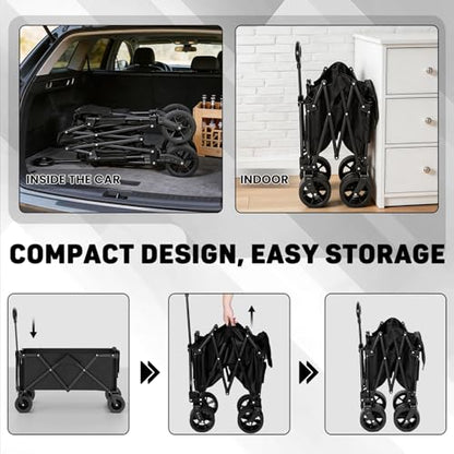 LEVELEVE Heavy Duty Folding Wagon Collapsible Cart, 420Lb Capacity, All-Terrain Wheels w/Brakes & Side Pockets (Black)