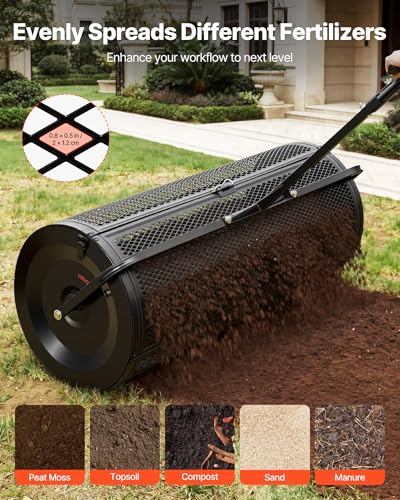 VEVOR Compost Spreader, 44" Wide Peat Moss Spreader with Push/Tow Handle, 4 Heights Adjustable, Powder-Coated Steel Garden Peat Moss Roller, Heavy Duty Grass Seed R - style: 44in