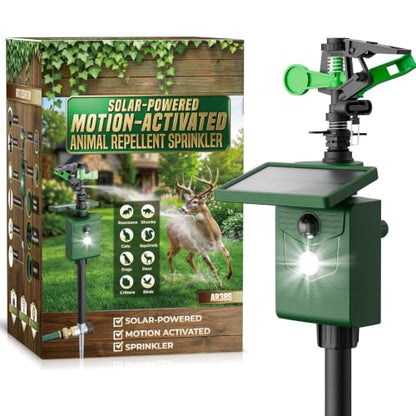 Motion Activated Animal Repeller with Water Sprinkler, Deer Repellent Devices Solar Powered, IP65 Waterproof Cat Repellent Outdoor with Flashing Light, Deter Deer Foxes Skunks Raccoons from Garden