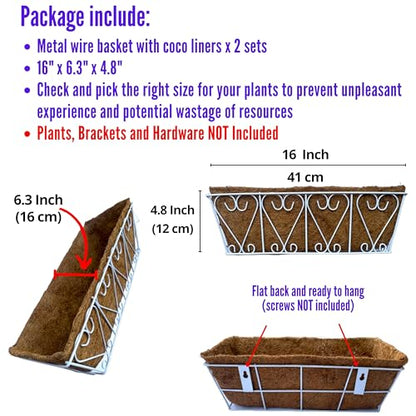 LaLaGreen White Wall Planter (16 in, 2 Pack) Coco Liner Flower Box Holder - size: 16" (41cm)x2 Pack