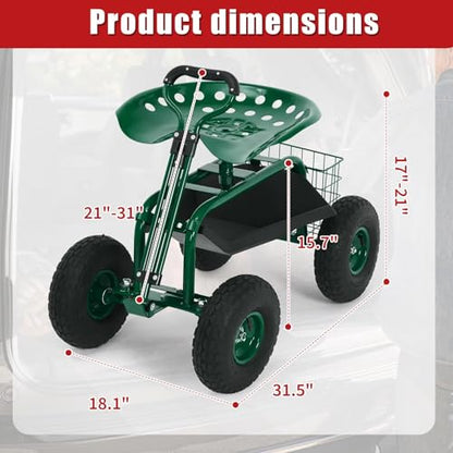 Rolling Garden Cart with Seat, Garden Workseat with 360-Degree Swivel - color: Green