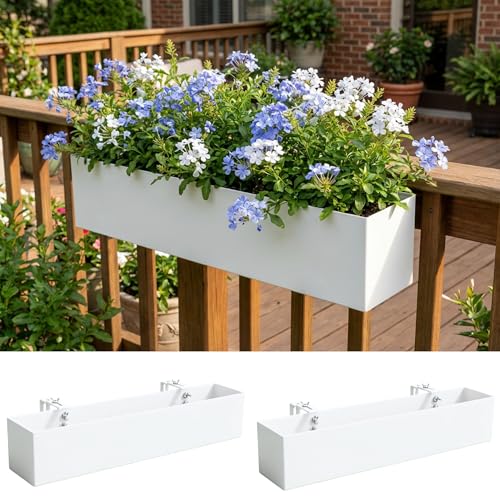 LaLaGreen Planter Boxes Outdoor (30 Inch, 2 Pack) White Metal Rectangular Railing Flower Box with Brackets, Large Planters for Deck Railings Fence Balcony Patio Porch Rail Garden Decor Plant Holder - size: 30" x 2 Pack