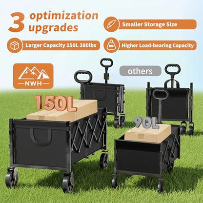 NWH 34'' Extra Long Collapsible Wagon, 380lbs Large Capacity Folding Wagons Carts with Wheels Foldable, Heavy Duty Utility Cart with All-Terrain Wheels for Beach Outdoor Grocery Camping Garden - size: 150L