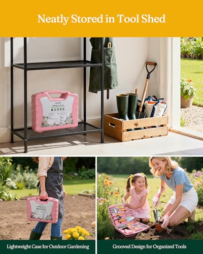 Grenebo 12-Piece Gardening Tools Set with Hard Storage Case, Pink Silver - color: Pink-Silver