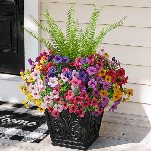 HyeFlora Artificial Faux Outdoor Flowers Plants for Spring Summer Decoration, 14 Bundles Fake Silk Colorful Daisy Ferns UV Resistant Realistic for Home Porch Patio Yard Window Box (6 Mix) - color: 6 Mix