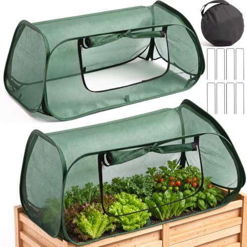 2Pack Garden Covers for Raised Beds, Pop Up Mesh Plant Covers for Outdoors, 30% Sunblock Plant Shade Tent, Crop Cage for Seedlings Vegetable Against Birds, Animals, with 8 Stakes (45"X22"X16")