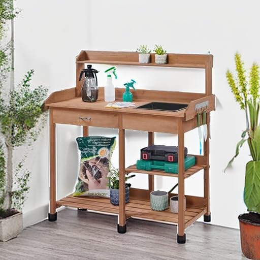 Yaheetech Potting Bench with Sink & Drawer, Outdoor Gardening Table, Brown - color: Brown