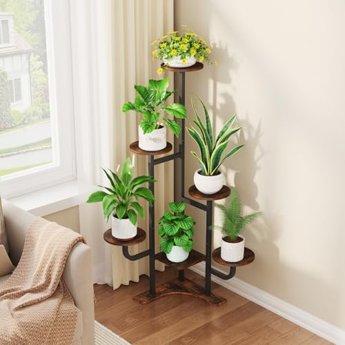 Homsorout Corner Plant Stand with Grow Light - 6 Tier Plant Stand Indoor Round Metal Plant Shelf with Adjustable Light, Plant Organizer for Living Room, Garden, Home Decor, Brown - color: Round-Brown-with Lights