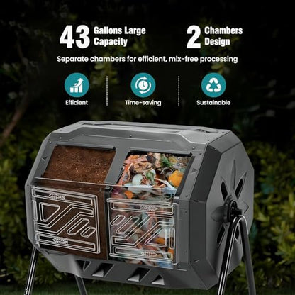 Compost Bin Outdoor, Dual Chamber Composter Tumbler Outdoor with Gloves, Efficient 360°Rotating Composting Bin for Patio, Lawn, Home Gardening and Landscape (Black) - color: black out