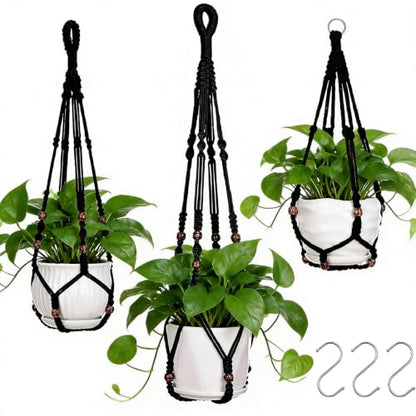 YIBOT Black Macrame Plant Hanger Indoor Hanging Planter Basket - color: Black Wooden Beads, size: 35+29+23Inch