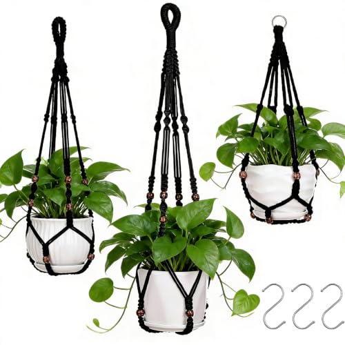 YIBOT Black Macrame Plant Hanger Indoor Hanging Planter Basket - color: Black Wooden Beads, size: 35+29+23Inch